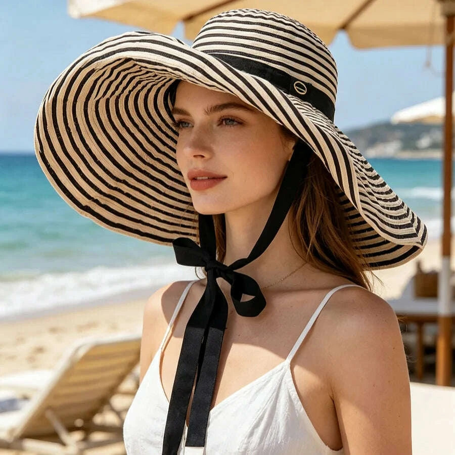 Women's Oversized Striped Sun Hat with Windproof Strap to Prevent It from Blowing Off, Foldable Full-Face Sun Protection Hat, Essential for Summer Beach Trips and Seaside Vacations