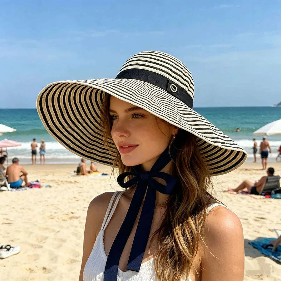 Women's Oversized Striped Sun Hat with Windproof Strap to Prevent It from Blowing Off, Foldable Full-Face Sun Protection Hat, Essential for Summer Beach Trips and Seaside Vacations