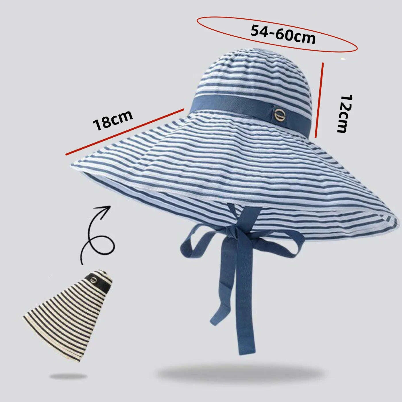 Women's Oversized Striped Sun Hat with Windproof Strap to Prevent It from Blowing Off, Foldable Full-Face Sun Protection Hat, Essential for Summer Beach Trips and Seaside Vacations