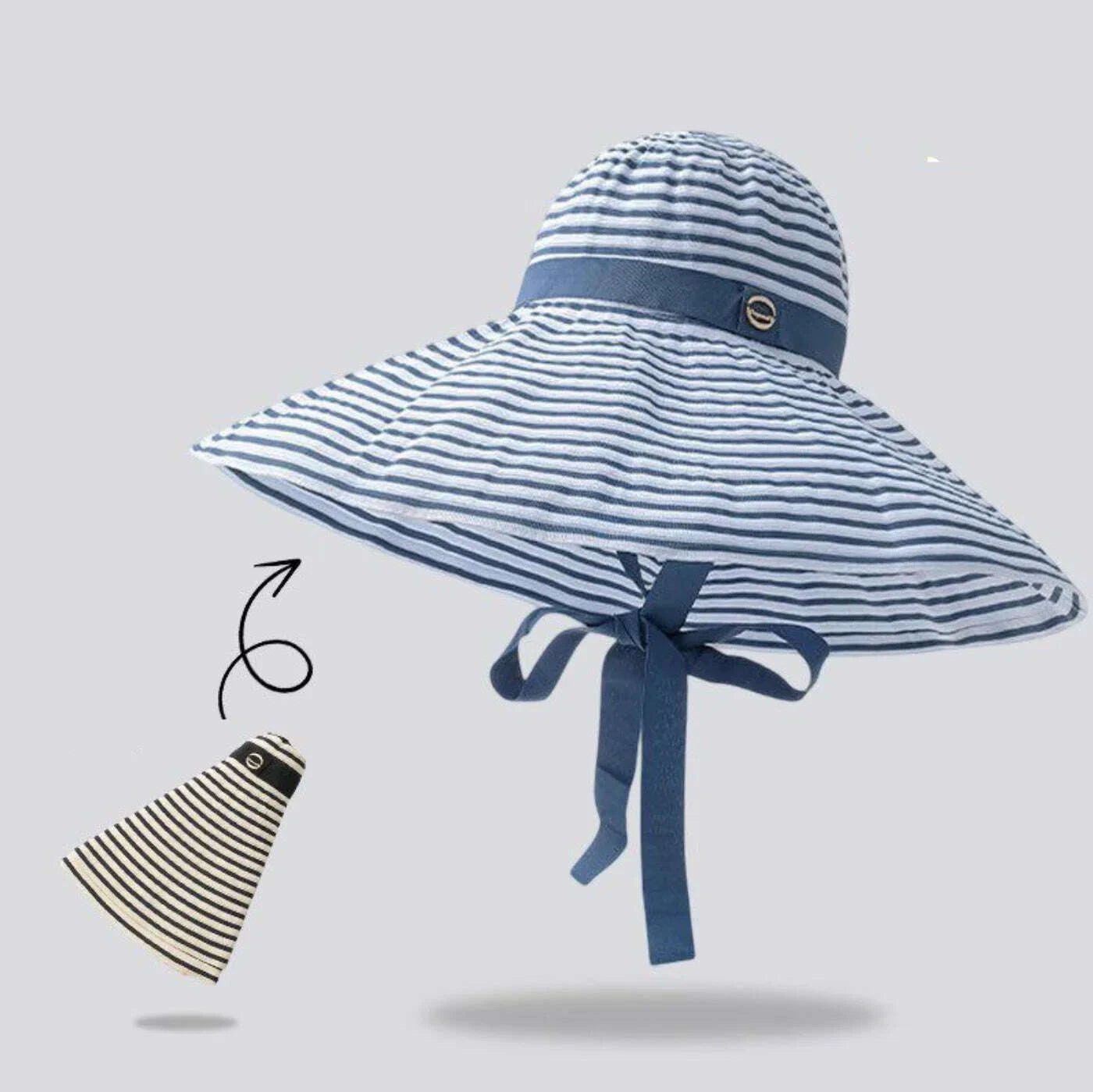 Women's Oversized Striped Sun Hat with Windproof Strap to Prevent It from Blowing Off, Foldable Full-Face Sun Protection Hat, Essential for Summer Beach Trips and Seaside Vacations