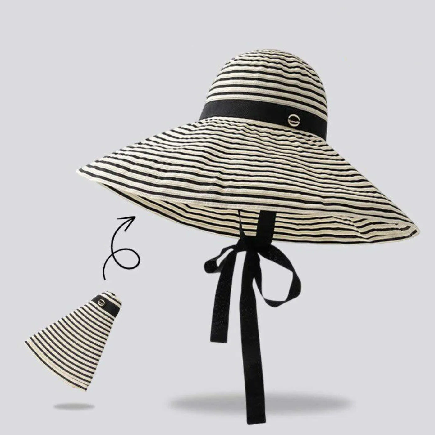 Women's Oversized Striped Sun Hat with Windproof Strap to Prevent It from Blowing Off, Foldable Full-Face Sun Protection Hat, Essential for Summer Beach Trips and Seaside Vacations