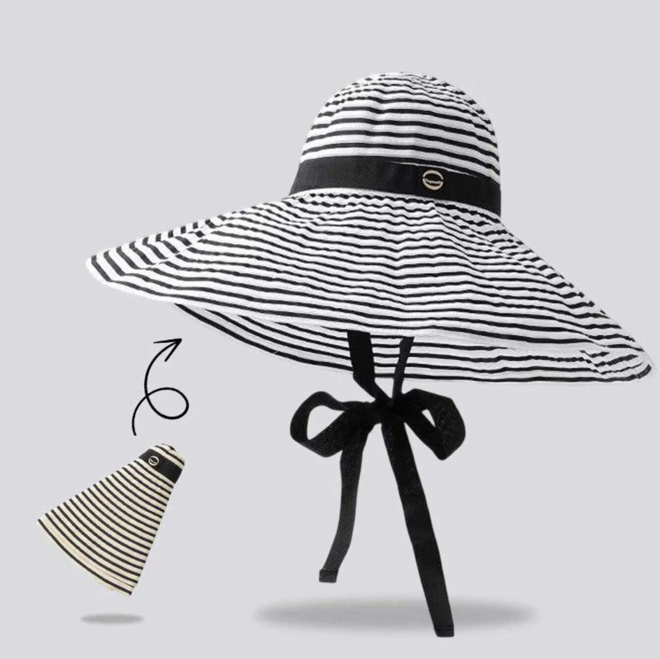 Women's Oversized Striped Sun Hat with Windproof Strap to Prevent It from Blowing Off, Foldable Full-Face Sun Protection Hat, Essential for Summer Beach Trips and Seaside Vacations
