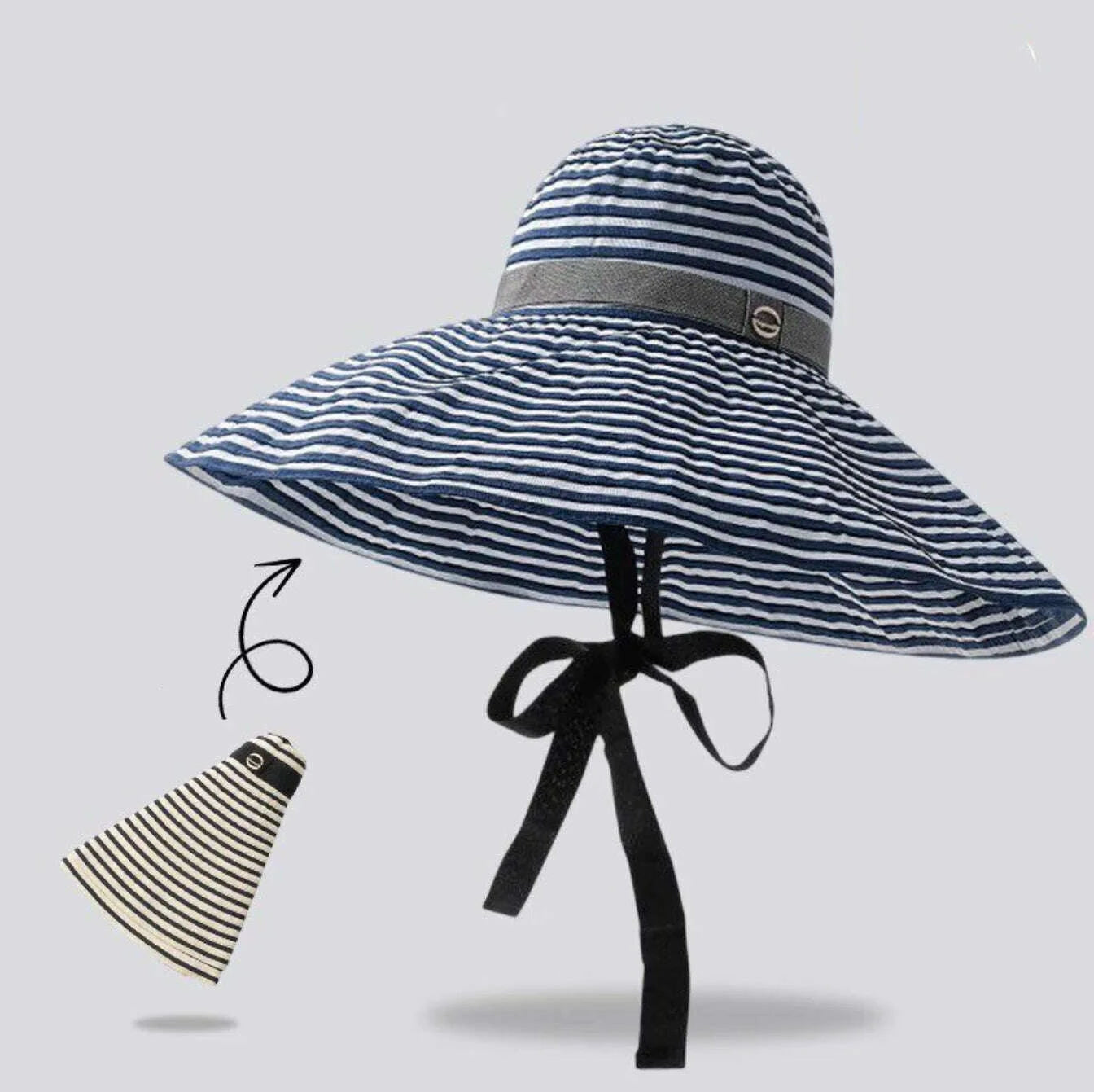 Women's Oversized Striped Sun Hat with Windproof Strap to Prevent It from Blowing Off, Foldable Full-Face Sun Protection Hat, Essential for Summer Beach Trips and Seaside Vacations