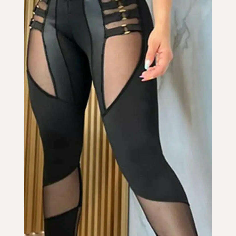 KIMLUD, Women's Pants 2023 Summer Fashion O-Ring Decor Sheer Mesh Patch Casual Plain Skinny Daily Semi-Sheer Pants Y2K Streetwear, KIMLUD Womens Clothes