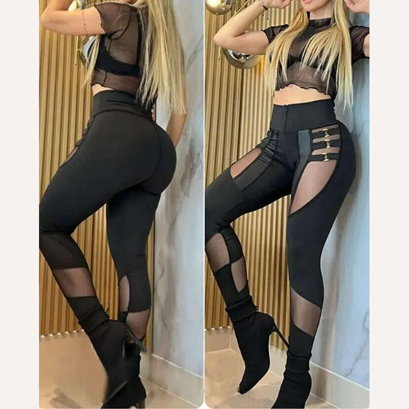 KIMLUD, Women's Pants 2023 Summer Fashion O-Ring Decor Sheer Mesh Patch Casual Plain Skinny Daily Semi-Sheer Pants Y2K Streetwear, KIMLUD Womens Clothes