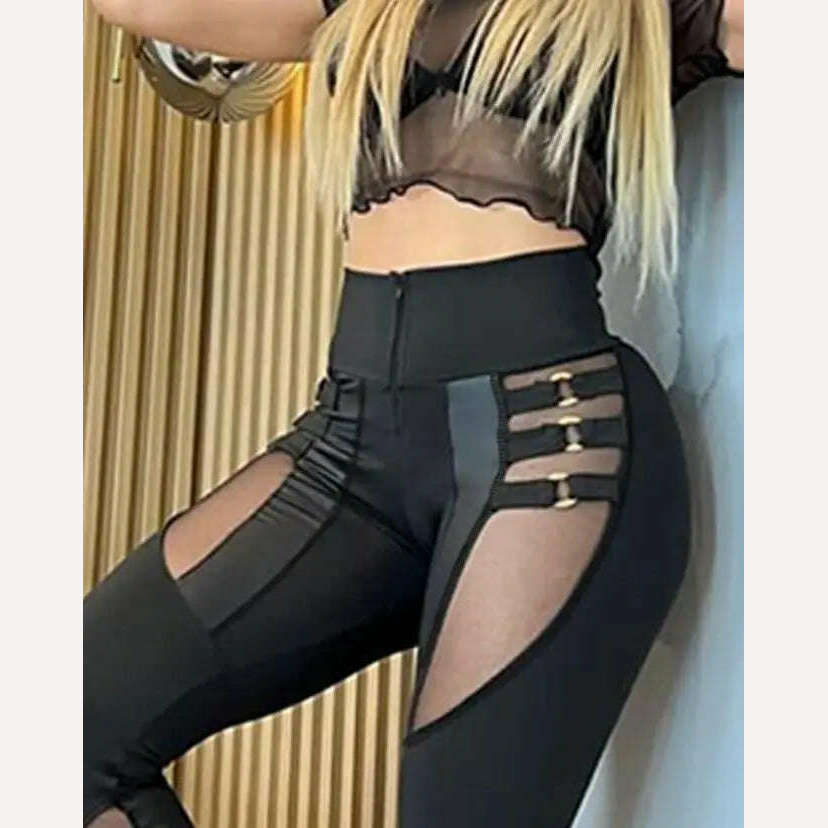 KIMLUD, Women's Pants 2023 Summer Fashion O-Ring Decor Sheer Mesh Patch Casual Plain Skinny Daily Semi-Sheer Pants Y2K Streetwear, KIMLUD Womens Clothes