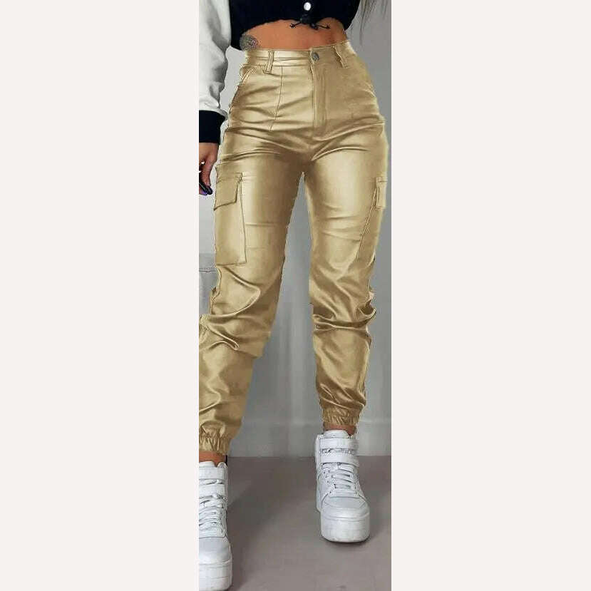 KIMLUD, Women's Pants 2023 Summer Fashion Pocket Design Pu Leather Casual Plain High Waist Daily Long Cuffed Pants Y2K Streetwear, KIMLUD Womens Clothes