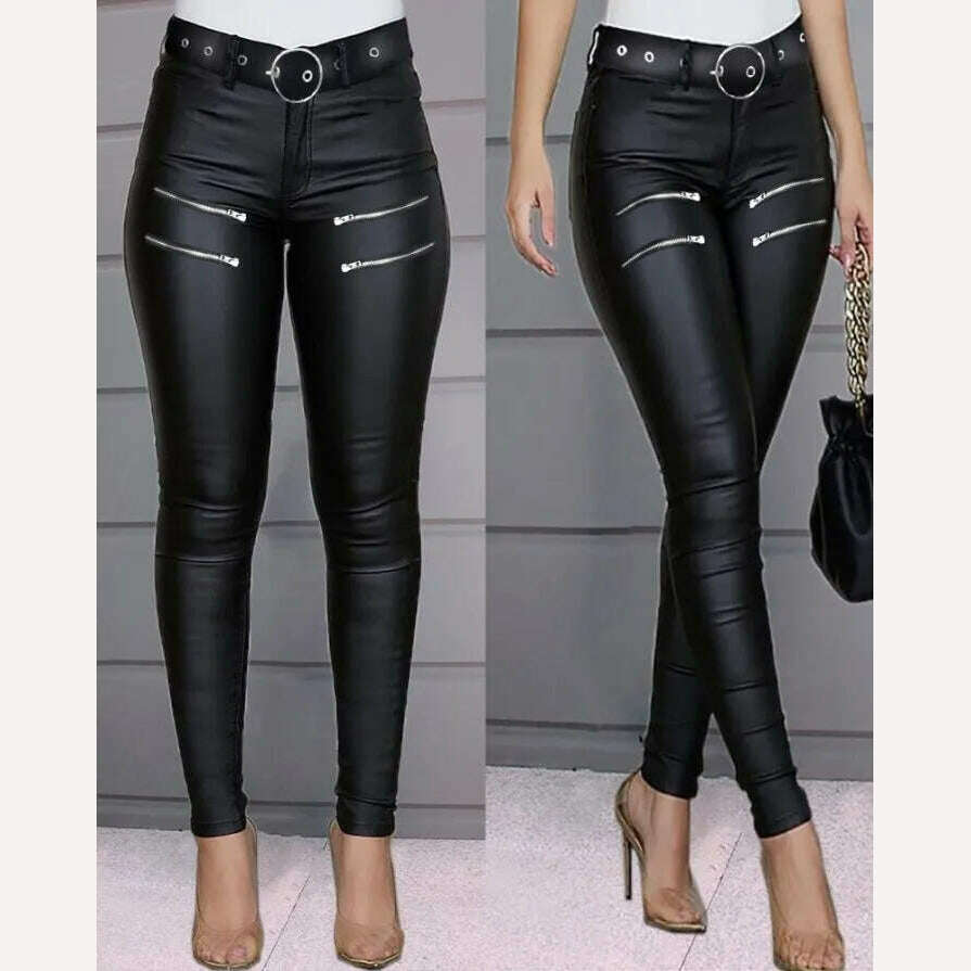 KIMLUD, Women's Pants 2023 Summer Fashion Zipper Design High Waist Pu Leather Casual Plain Skinny Daily Long Pants Y2K Streetwear, A / S, KIMLUD APPAREL - Womens Clothes