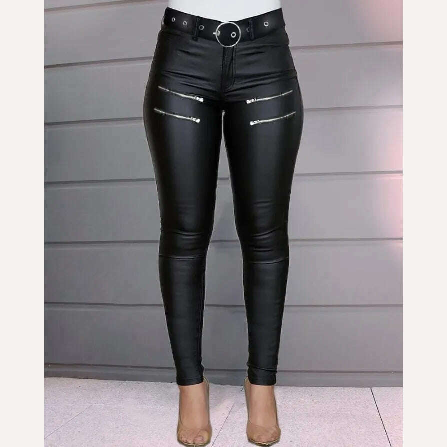 KIMLUD, Women's Pants 2023 Summer Fashion Zipper Design High Waist Pu Leather Casual Plain Skinny Daily Long Pants Y2K Streetwear, KIMLUD Womens Clothes