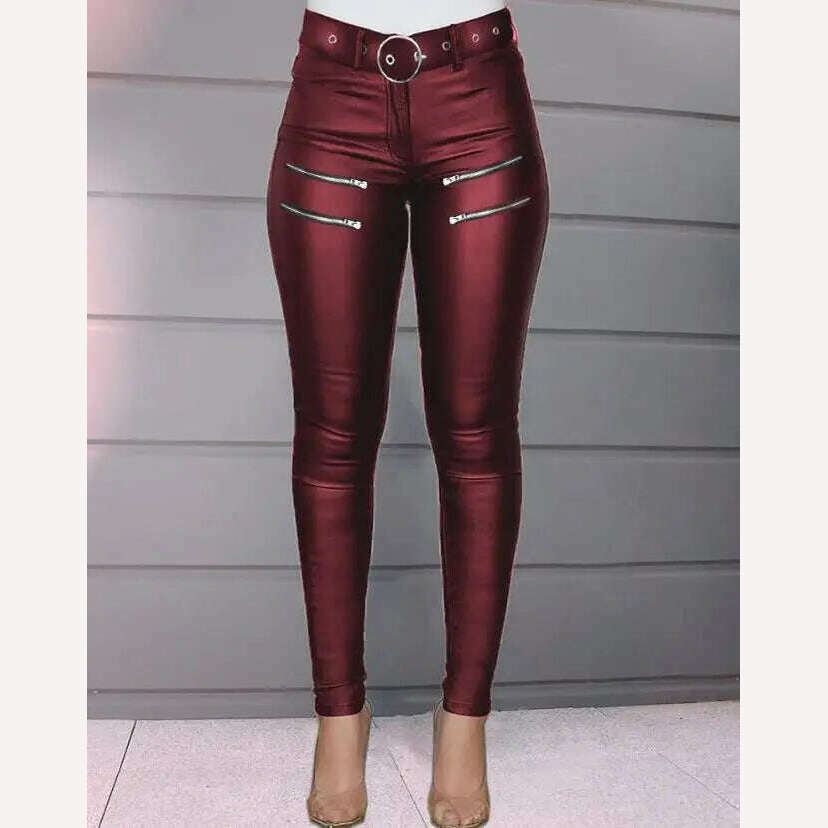 KIMLUD, Women's Pants 2023 Summer Fashion Zipper Design High Waist Pu Leather Casual Plain Skinny Daily Long Pants Y2K Streetwear, KIMLUD Womens Clothes