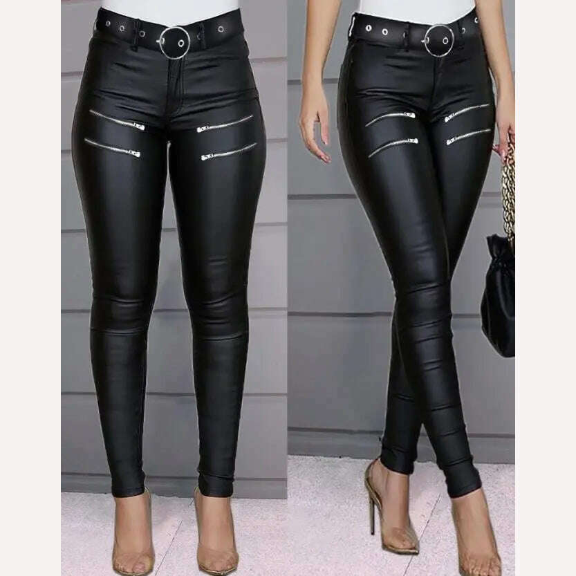 KIMLUD, Women's Pants 2023 Summer Fashion Zipper Design High Waist Pu Leather Casual Plain Skinny Daily Long Pants Y2K Streetwear, KIMLUD Womens Clothes
