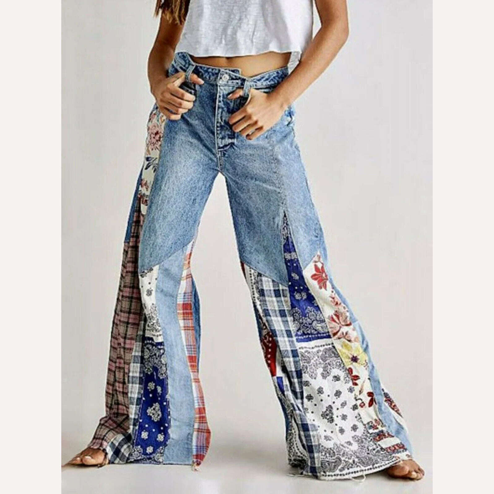 Women's Patchwork Denim Big Flare Pants Vintage Zipper Streetwear Pocket Wide Leg Mid-Waist Jeans Pants Spring Autumn 2024 - KIMLUD