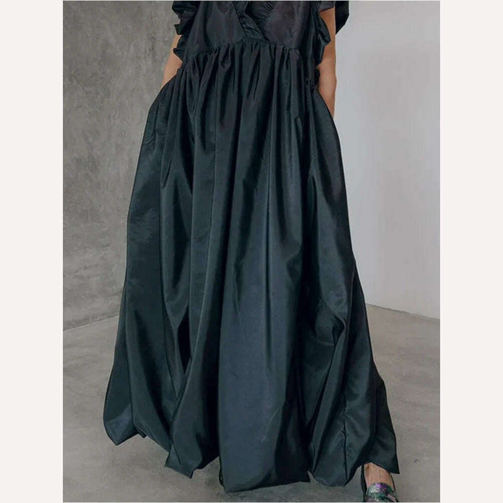 Women's Pleated Dress A-line Loose Ruffle Pockets Sleeveless Summer Casual Vintage Fashion V-Neck Summer Dress for Female - KIMLUD