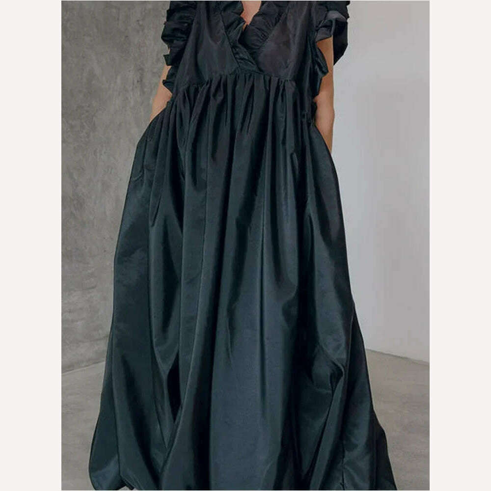 Women's Pleated Dress A-line Loose Ruffle Pockets Sleeveless Summer Casual Vintage Fashion V-Neck Summer Dress for Female - KIMLUD