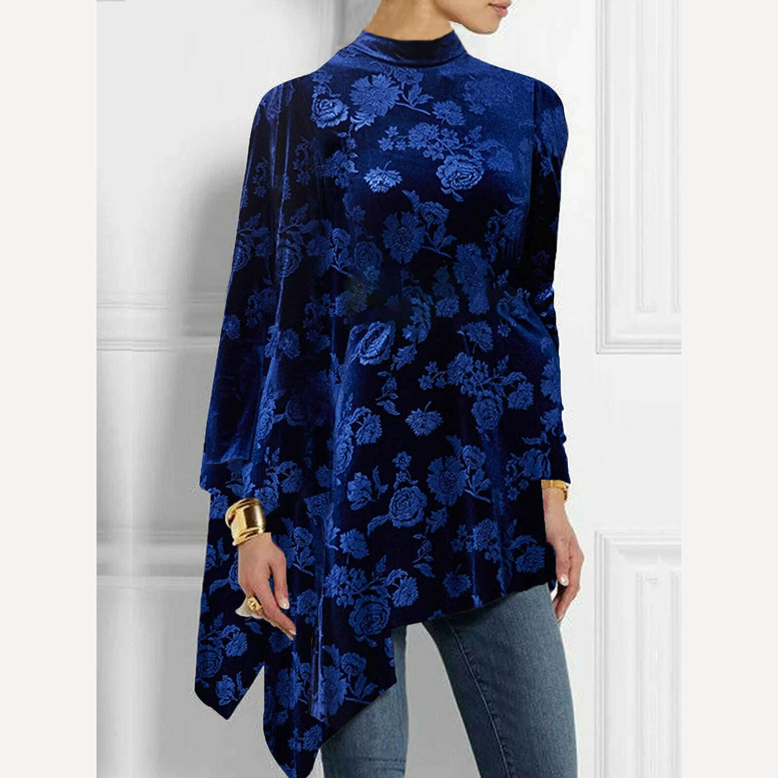 KIMLUD, Women's Plus Size Irregular Hem Blouse Autumn Winter Fashion Retro Long Sleeve T-Shirt Turtleneck Casual Loose Asymmetrical Top, Blue / L / CHINA, KIMLUD APPAREL - Womens Clothes