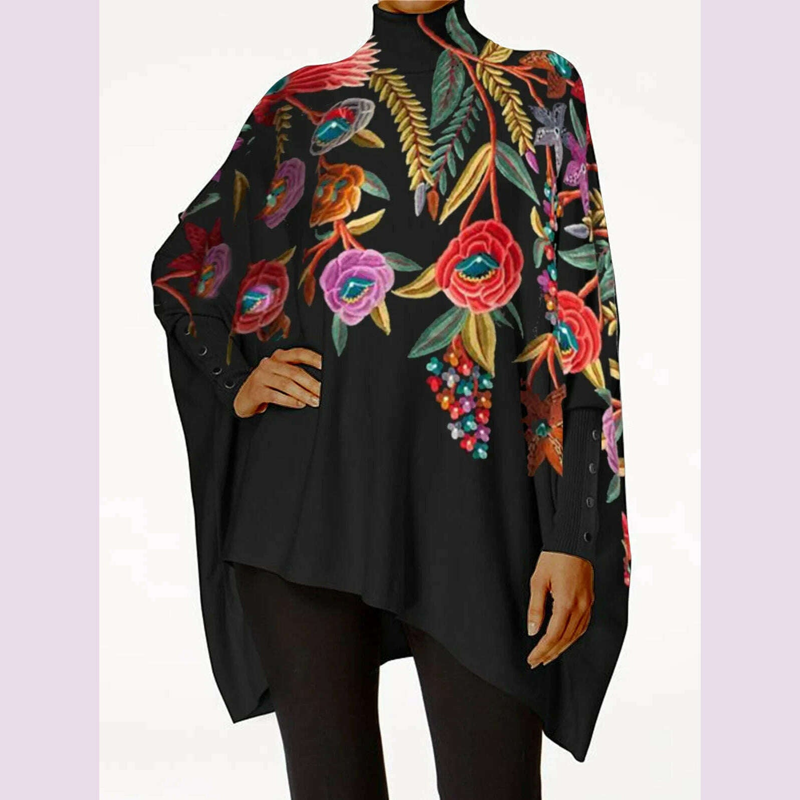 KIMLUD, Women's Plus Size Irregular Hem Blouse Fashion Retro Long Sleeve T-Shirt Turtleneck Casual Loose Asymmetrical Top 2024, Black / 4XL / CHINA, KIMLUD APPAREL - Womens Clothes