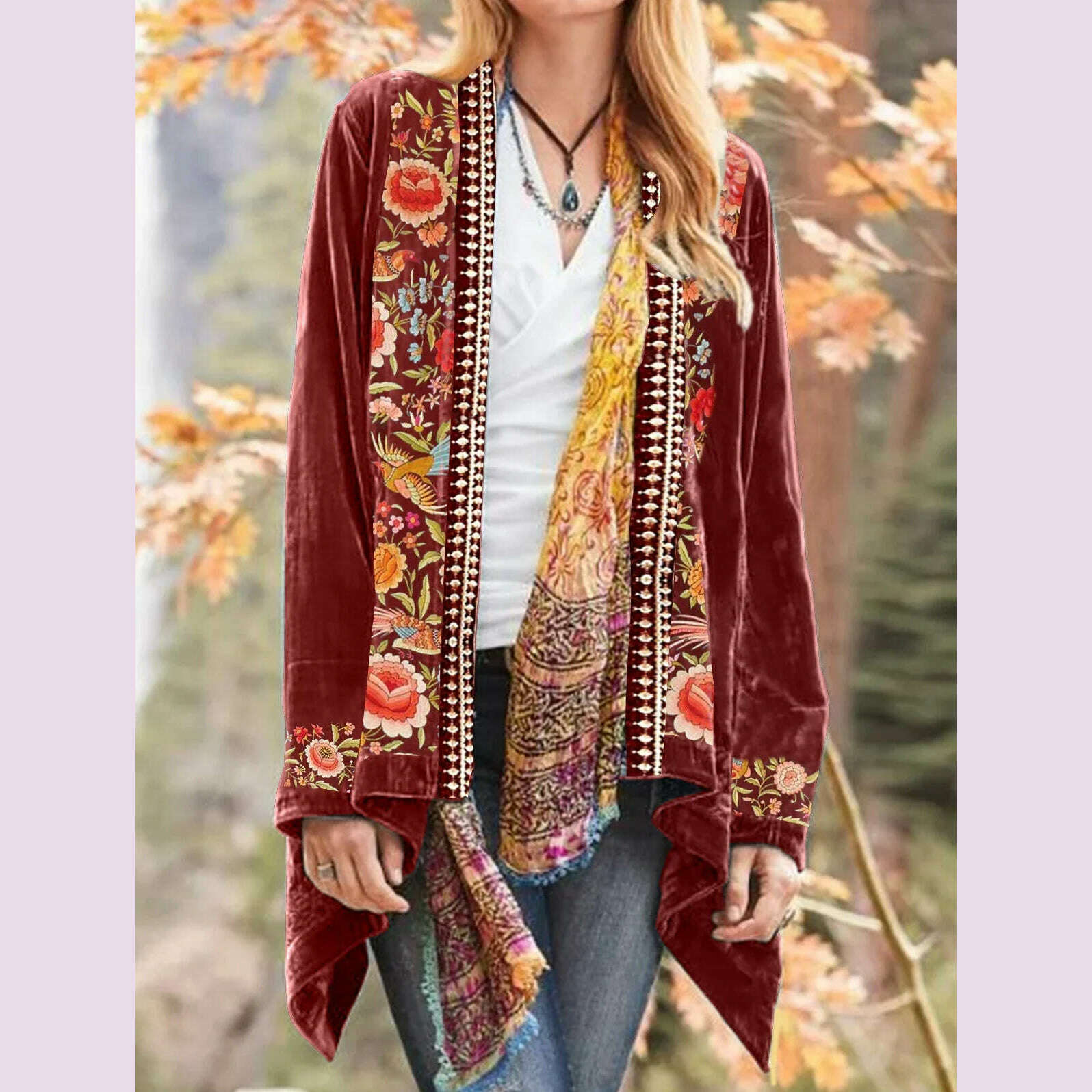 Women's Plus Size Thick Jacket Long Sleeve Ethnic India Folk Casual Floral Vintage Cardigans Autumn Spring Coat Velver Outerware - KIMLUD