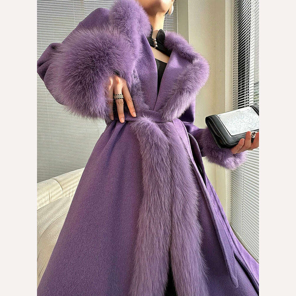 KIMLUD, Women's purple double face wool long cardigan coat with belt lady elegant genuine fox fur collar woolen outwear windbreak LY914, KIMLUD Womens Clothes