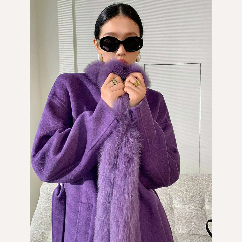 KIMLUD, Women's purple double face wool long cardigan coat with belt lady elegant genuine fox fur collar woolen outwear windbreak LY914, KIMLUD Womens Clothes