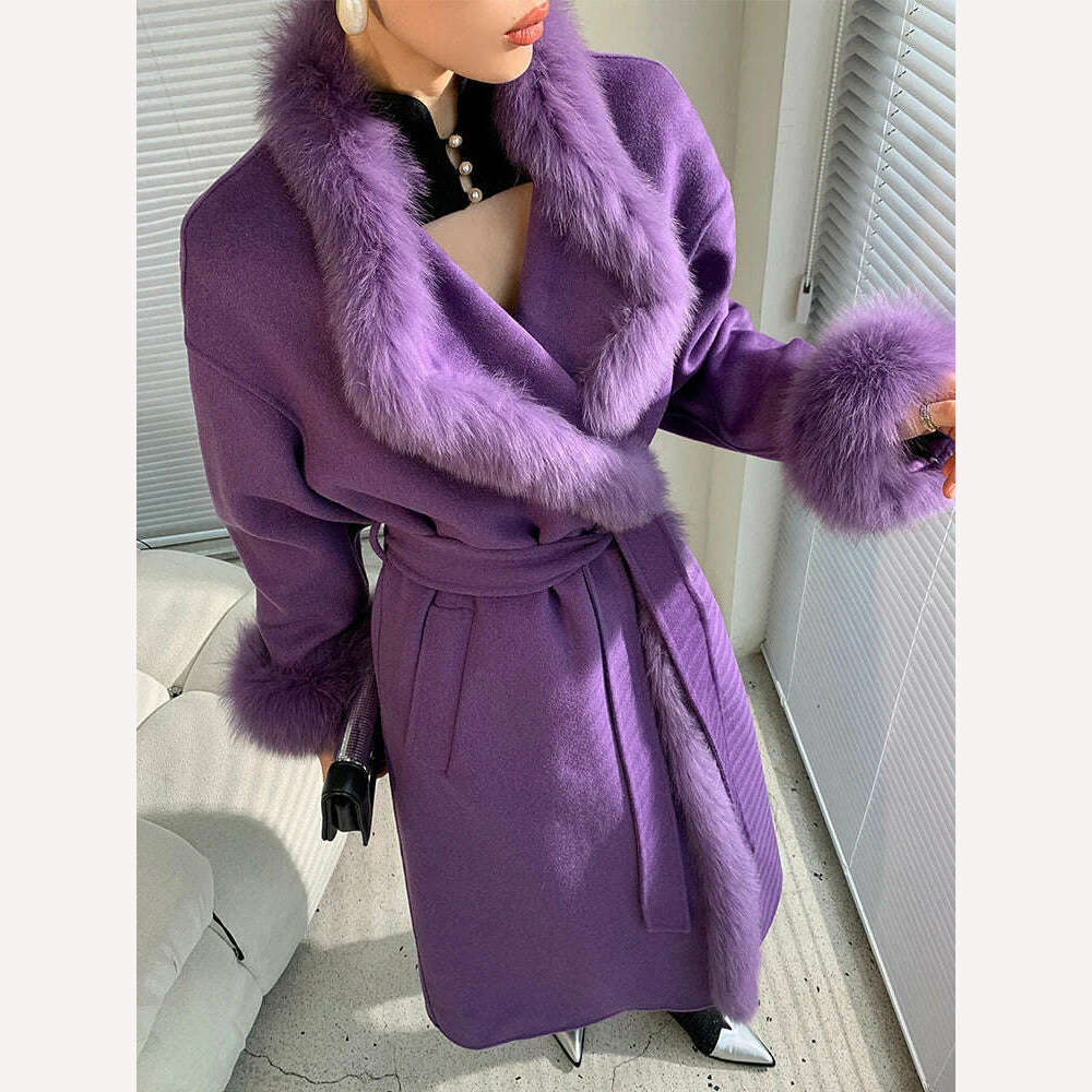KIMLUD, Women's purple double face wool long cardigan coat with belt lady elegant genuine fox fur collar woolen outwear windbreak LY914, KIMLUD Womens Clothes