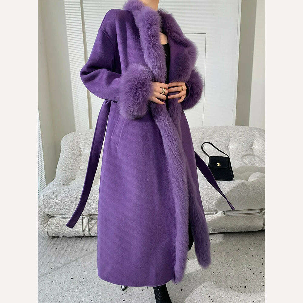 KIMLUD, Women's purple double face wool long cardigan coat with belt lady elegant genuine fox fur collar woolen outwear windbreak LY914, KIMLUD Womens Clothes