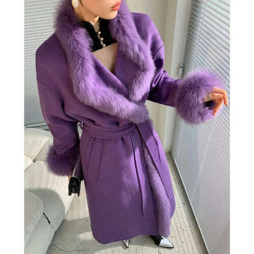 KIMLUD, Women's purple double face wool long cardigan coat with belt lady elegant genuine fox fur collar woolen outwear windbreak LY914, PURPLE / S, KIMLUD APPAREL - Womens Clothes