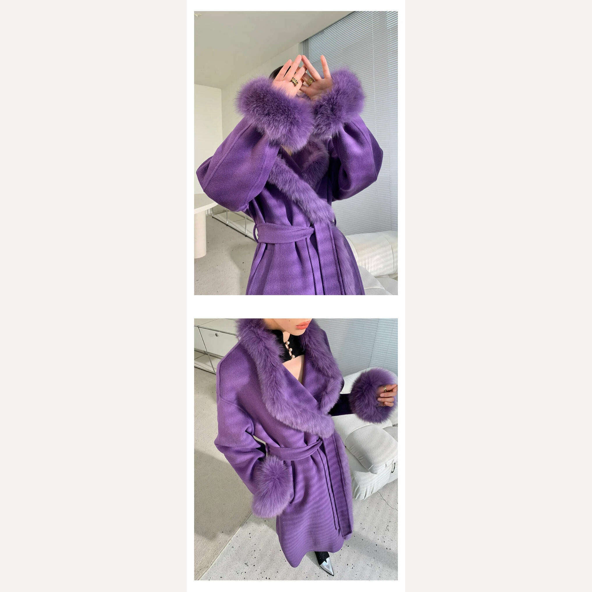 KIMLUD, Women's purple double face wool long cardigan coat with belt lady elegant genuine fox fur collar woolen outwear windbreak LY914, KIMLUD Womens Clothes