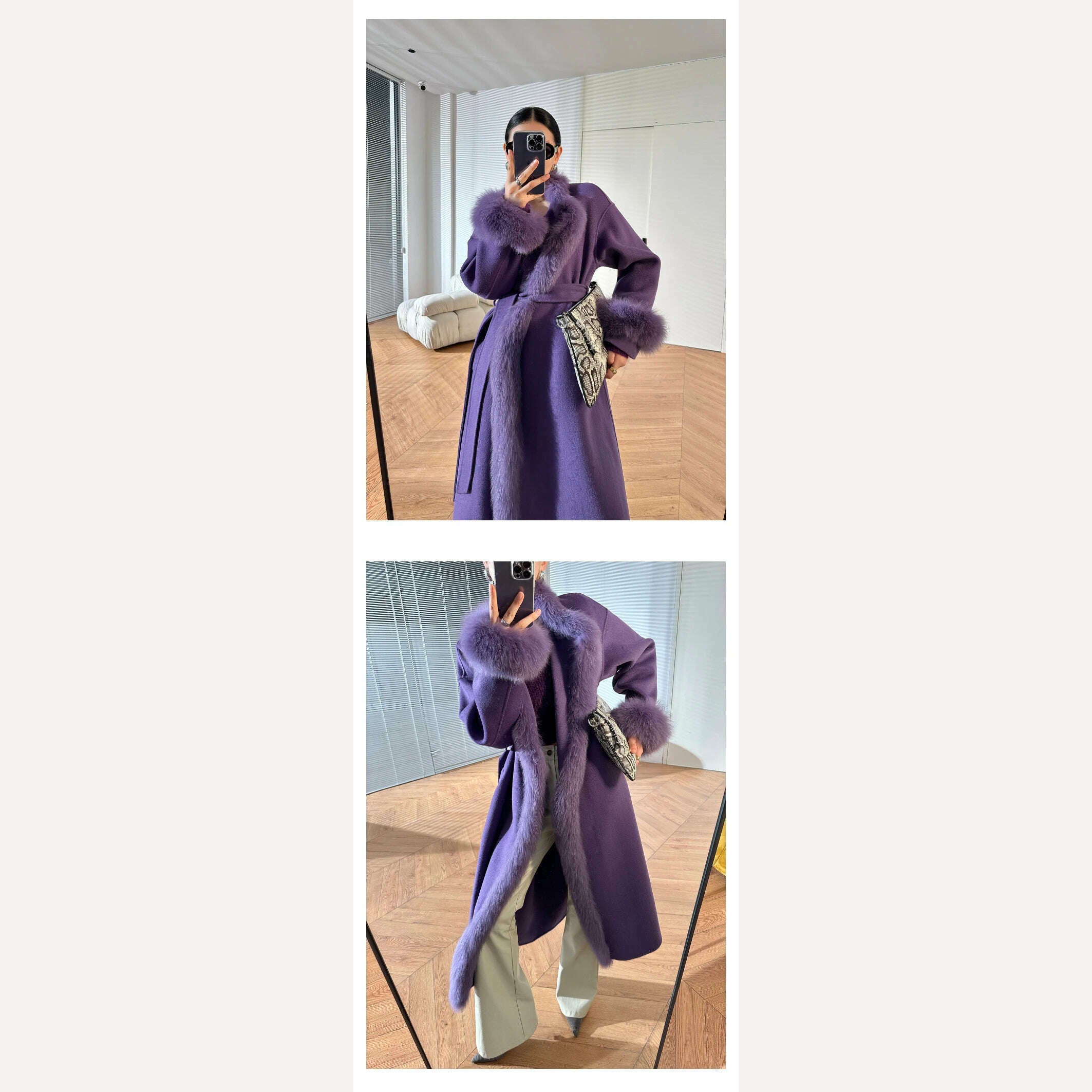 KIMLUD, Women's purple double face wool long cardigan coat with belt lady elegant genuine fox fur collar woolen outwear windbreak LY914, KIMLUD Womens Clothes