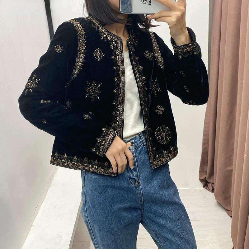 Women's Replica Ethnic Style Heavy Industrial Embroidered Sequin Decorated Jacket Velvet Short Cardigan Autumn and Winter Women - KIMLUD