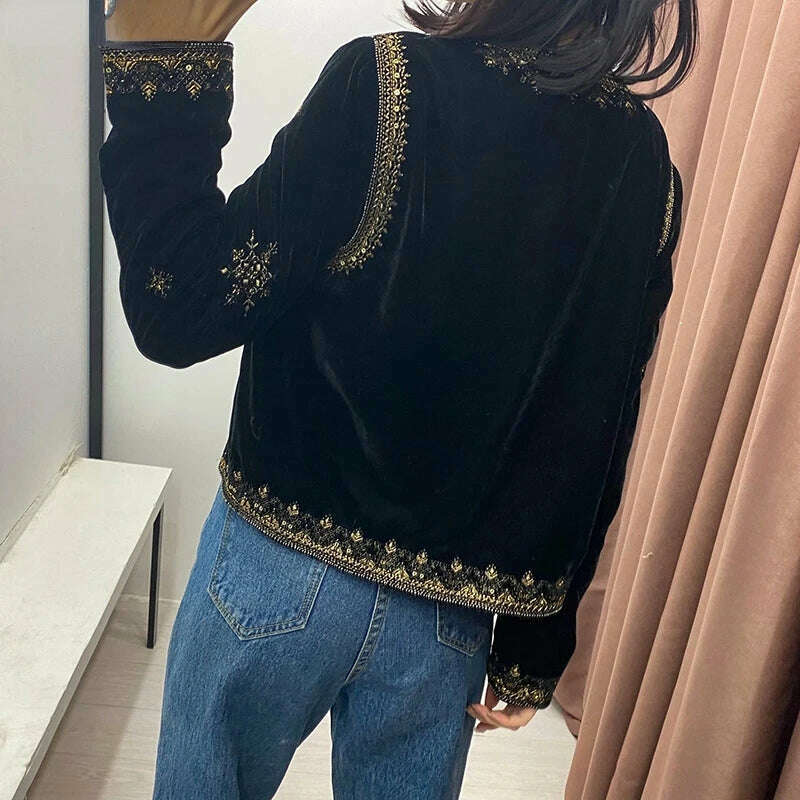 Women's Replica Ethnic Style Heavy Industrial Embroidered Sequin Decorated Jacket Velvet Short Cardigan Autumn and Winter Women - KIMLUD
