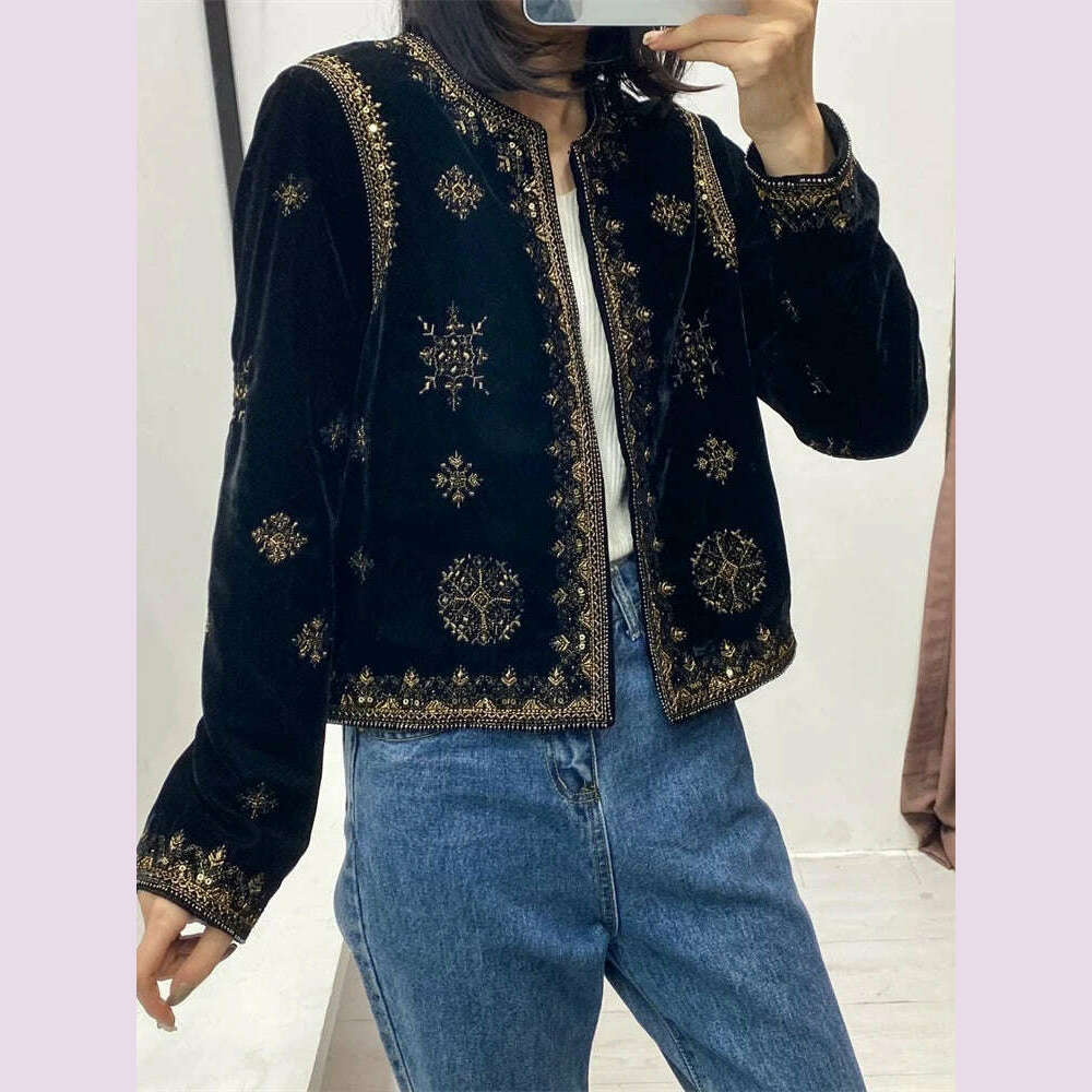 Women's Replica Ethnic Style Heavy Industrial Embroidered Sequin Decorated Jacket Velvet Short Cardigan Autumn and Winter Women - KIMLUD