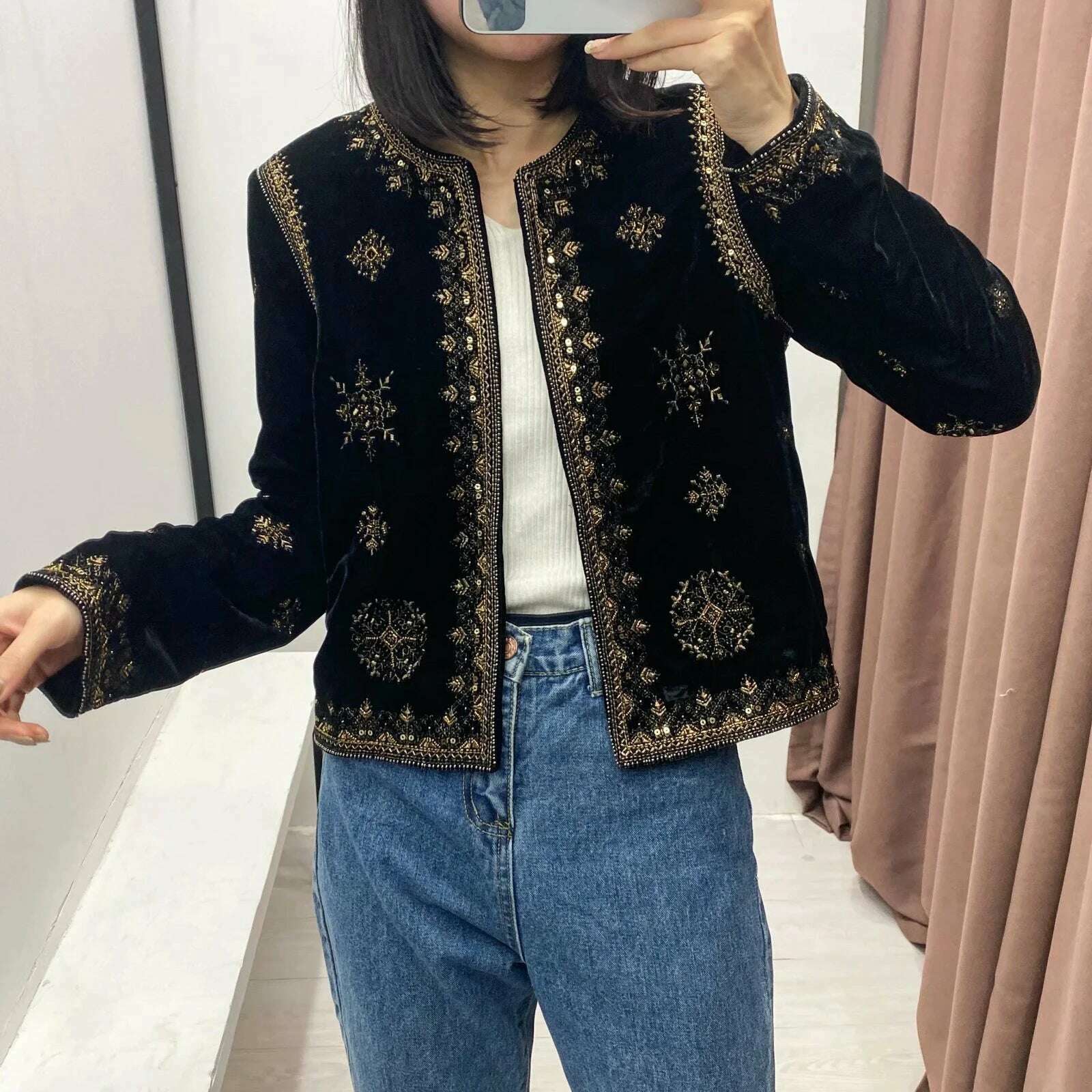Women's Replica Ethnic Style Heavy Industrial Embroidered Sequin Decorated Jacket Velvet Short Cardigan Autumn and Winter Women - KIMLUD