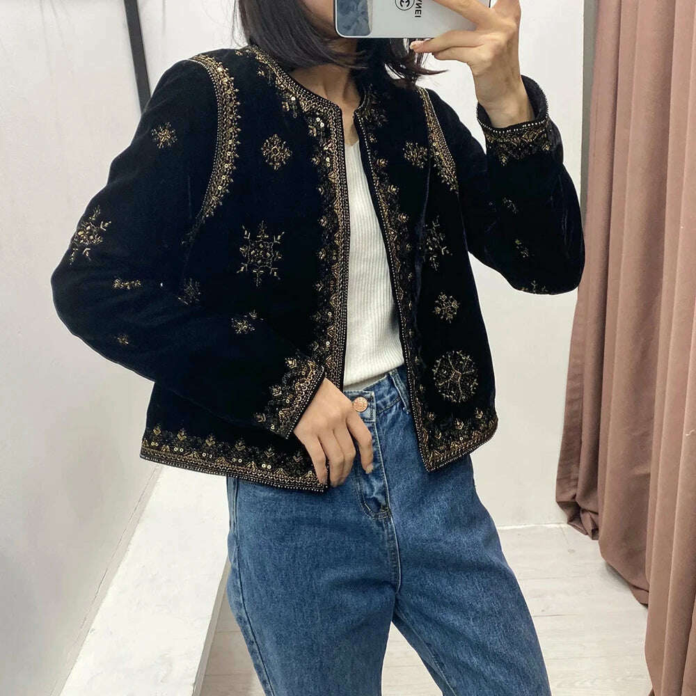 Women's Replica Ethnic Style Heavy Industrial Embroidered Sequin Decorated Jacket Velvet Short Cardigan Autumn and Winter Women - KIMLUD
