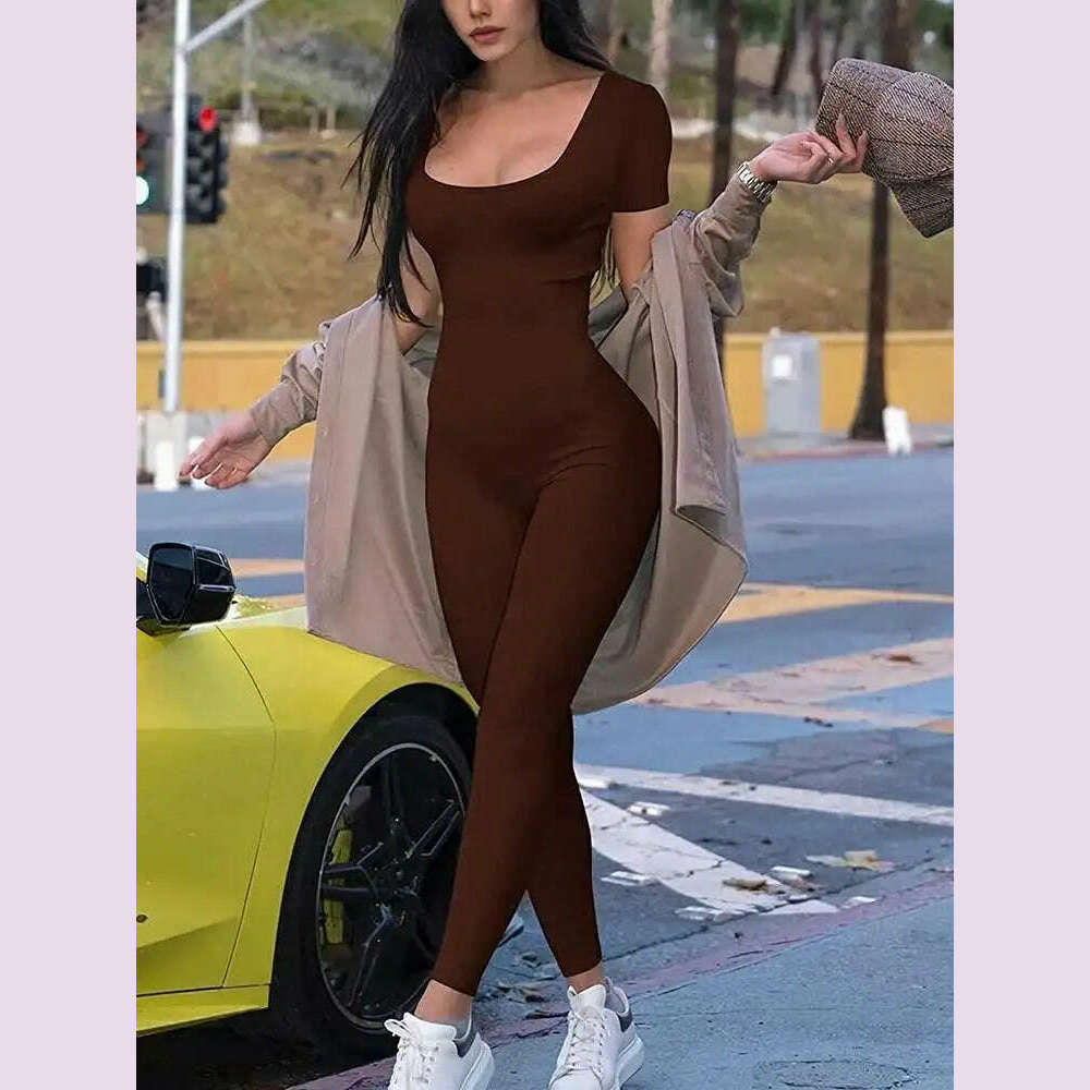 KIMLUD, Women's Rompers Short Sleeve Solid Skinny Bodycon Jumpsuits Fashion Sports Fiess Casual Activity Streetwear Overalls, Coffee / 164, KIMLUD APPAREL - Womens Clothes