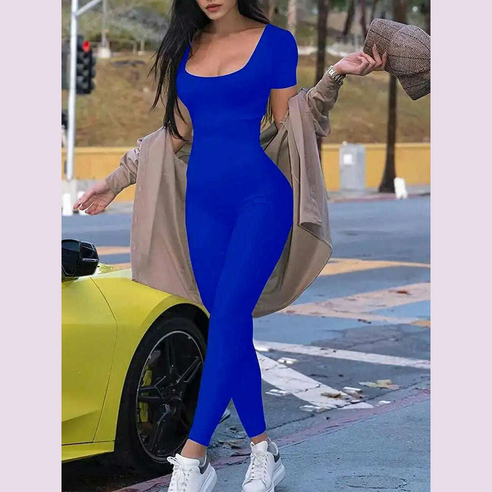 KIMLUD, Women's Rompers Short Sleeve Solid Skinny Bodycon Jumpsuits Fashion Sports Fiess Casual Activity Streetwear Overalls, Blue / 170, KIMLUD APPAREL - Womens Clothes