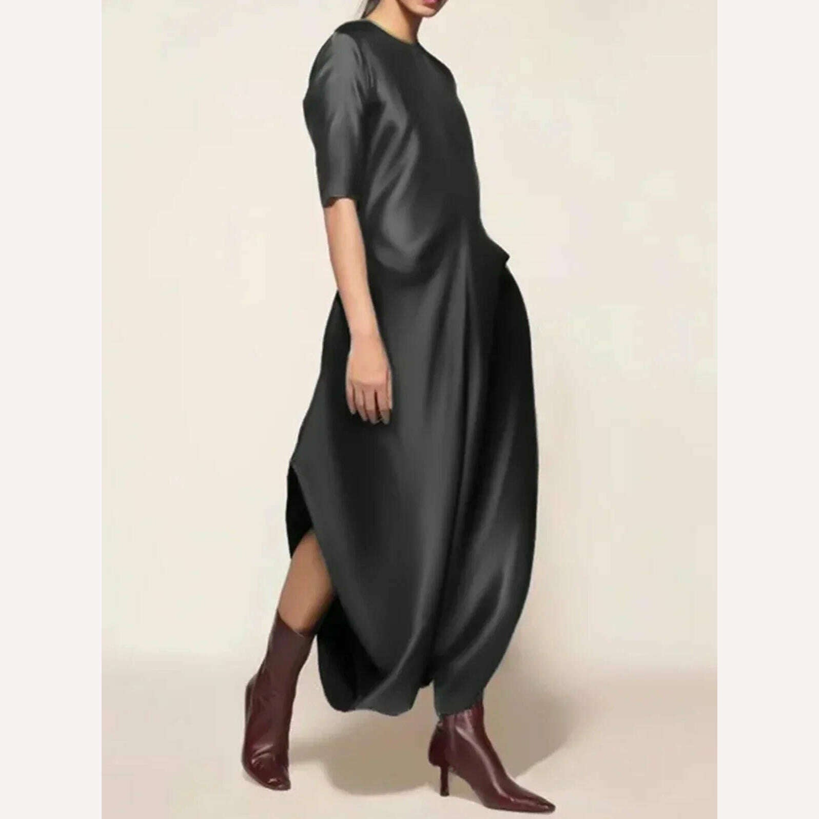 Women's Satin Jumpsuit Elegant Crew Neck Half Sleeve Loose Elegant Vintage Casual Fashion Shiny Silk Jumpsuit Rompers for Female - KIMLUD