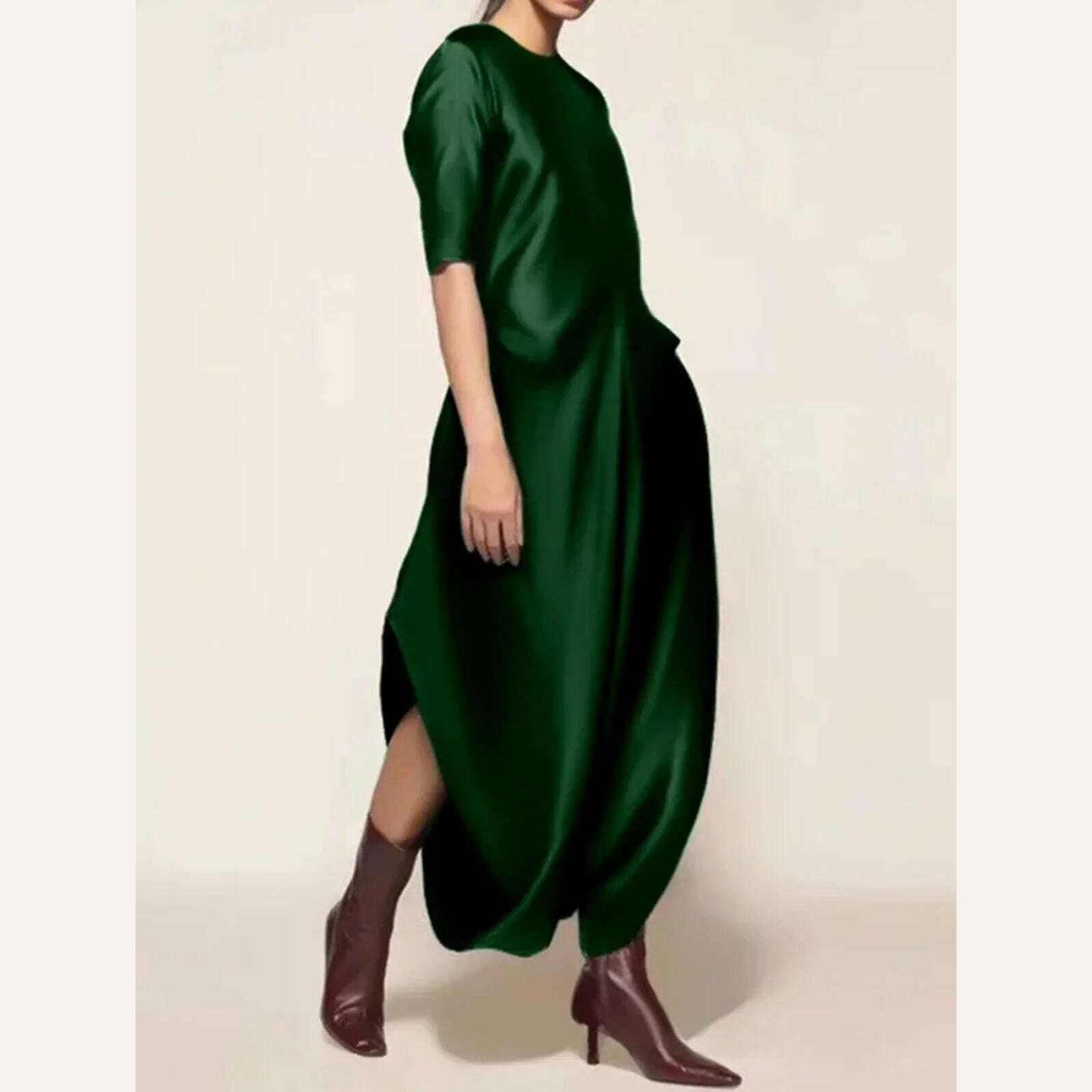 Women's Satin Jumpsuit Elegant Crew Neck Half Sleeve Loose Elegant Vintage Casual Fashion Shiny Silk Jumpsuit Rompers for Female - KIMLUD