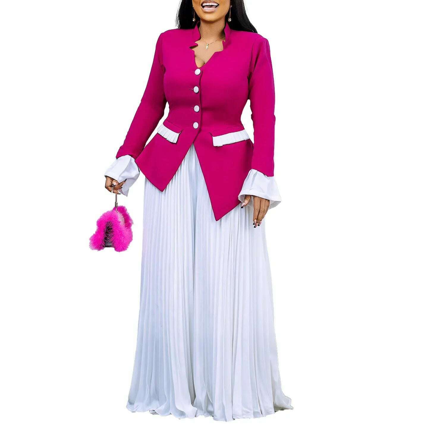 Women's Set Full Flare Sleeve Button Blazer Shirt + Pleated Long Pants Suit Streetwear Two 2 Piece Set Africa OL Outfits - KIMLUD