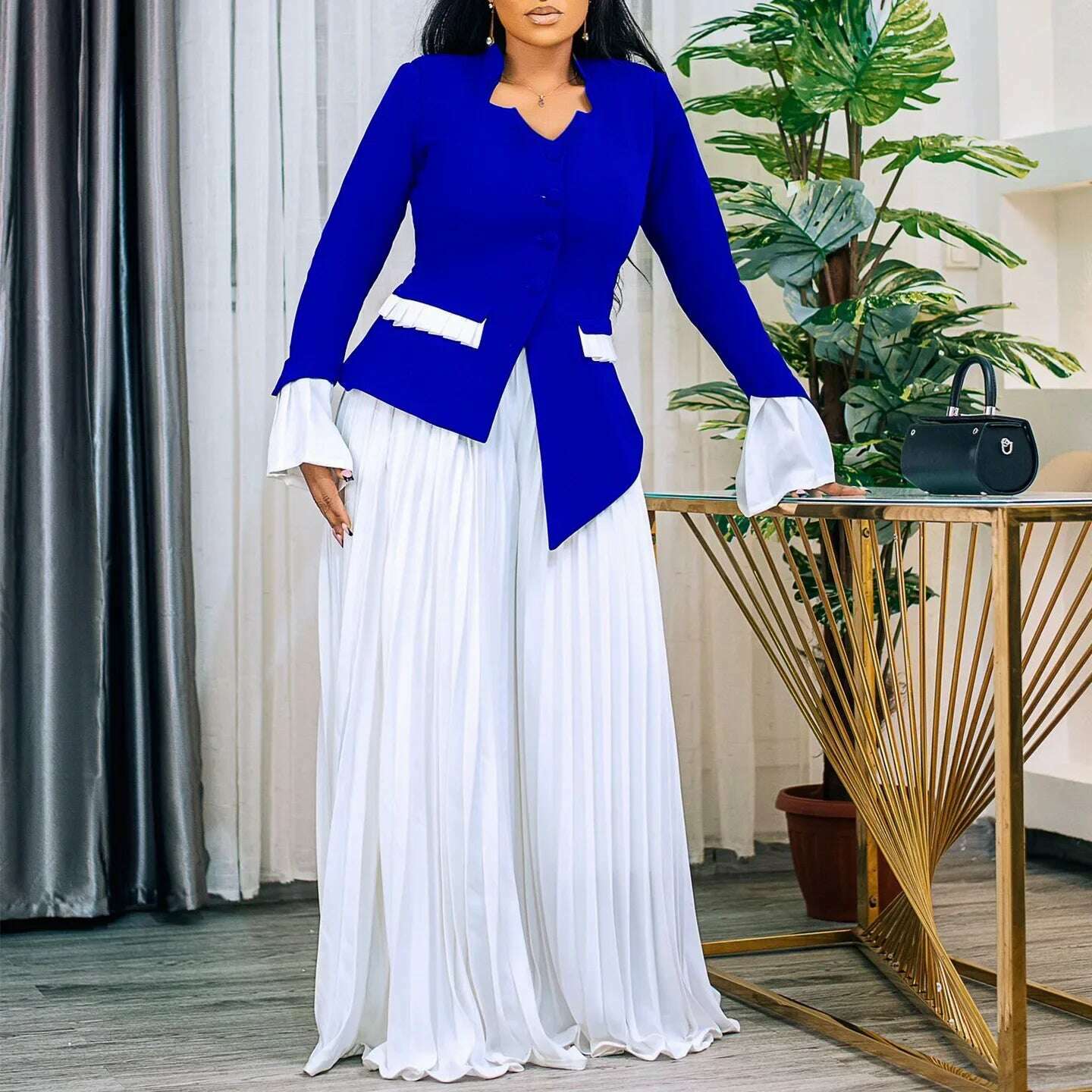 Women's Set Full Flare Sleeve Button Blazer Shirt + Pleated Long Pants Suit Streetwear Two 2 Piece Set Africa OL Outfits - KIMLUD