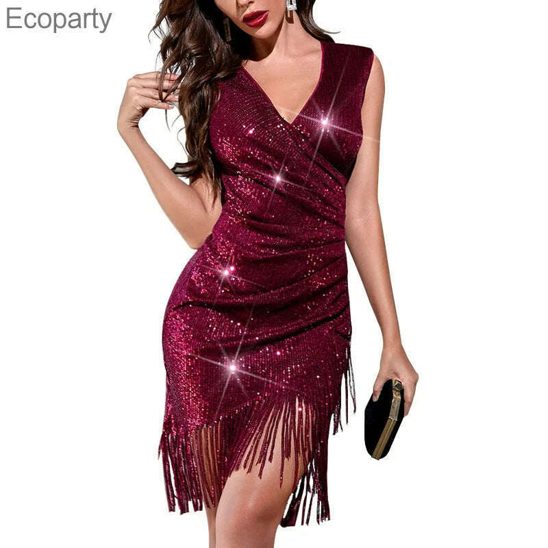 KIMLUD, Women's Sexy 1920s Deep V Evening Dress Gatsby Style vestidos Ladies Vintage Burgundy Sequined Tassel Irregular Hem Dresses 2022, KIMLUD Womens Clothes