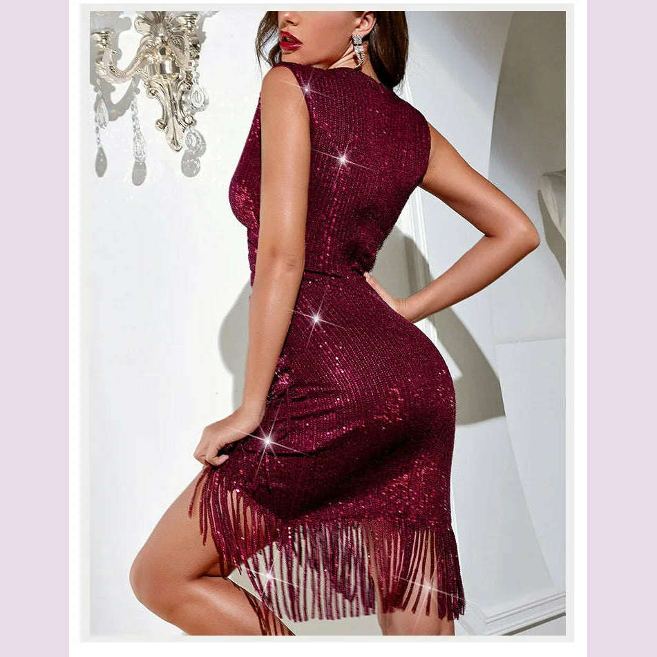 KIMLUD, Women's Sexy 1920s Deep V Evening Dress Gatsby Style vestidos Ladies Vintage Burgundy Sequined Tassel Irregular Hem Dresses 2022, KIMLUD Womens Clothes
