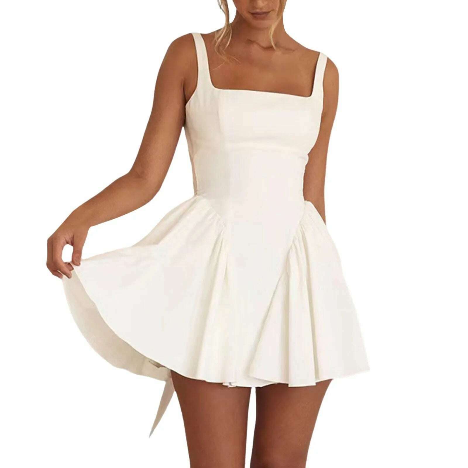 KIMLUD, Women's Sexy Backless Solid Camisole Evening Mini Dress Sleeveless Dresses Elegant Vintage Pleated Solid Party Female Drees, KIMLUD Womens Clothes
