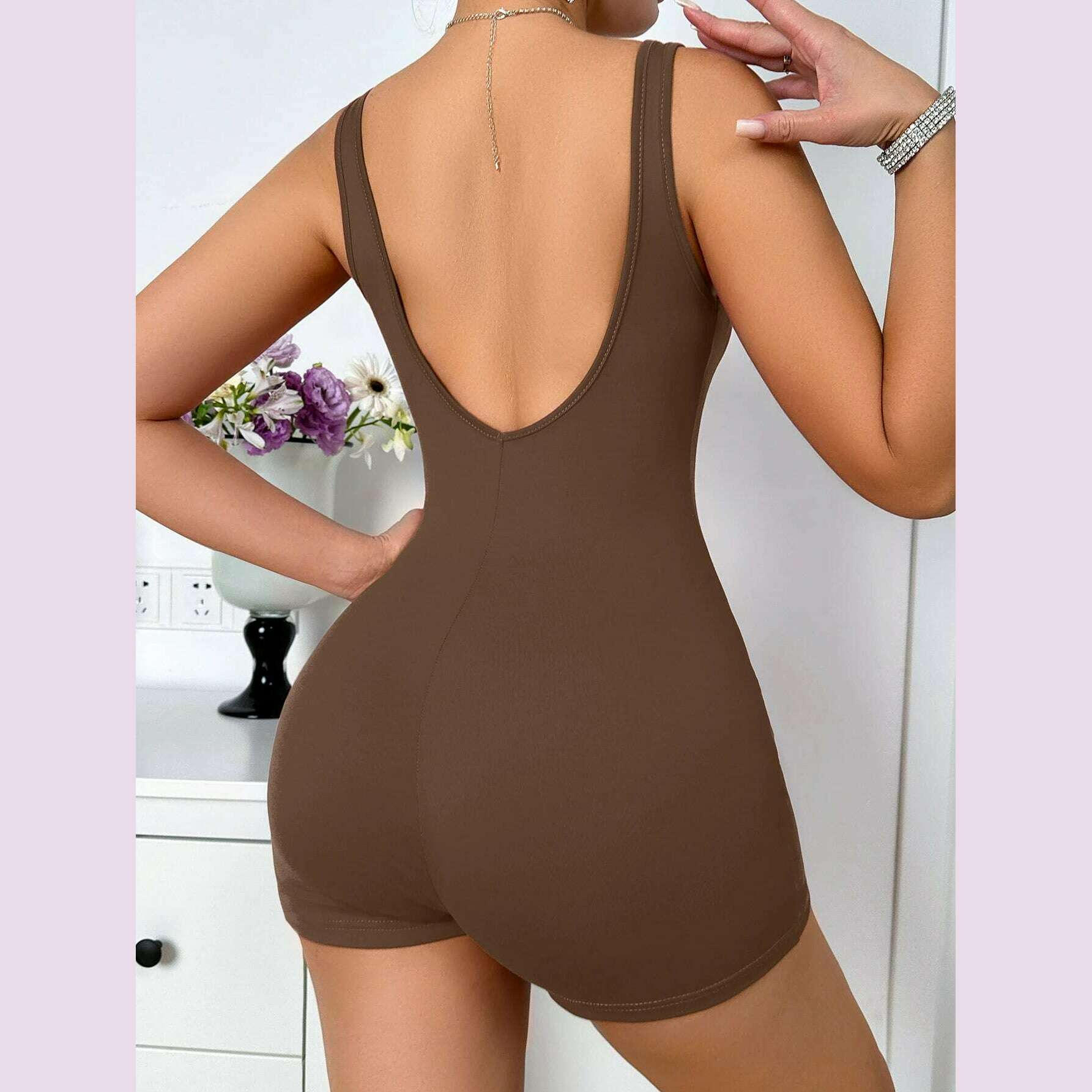Women's Sexy Backless Tank Rompers Top Bodycon One Piece Halter Sleeveless Bodysuit Short Jumpsuits - KIMLUD