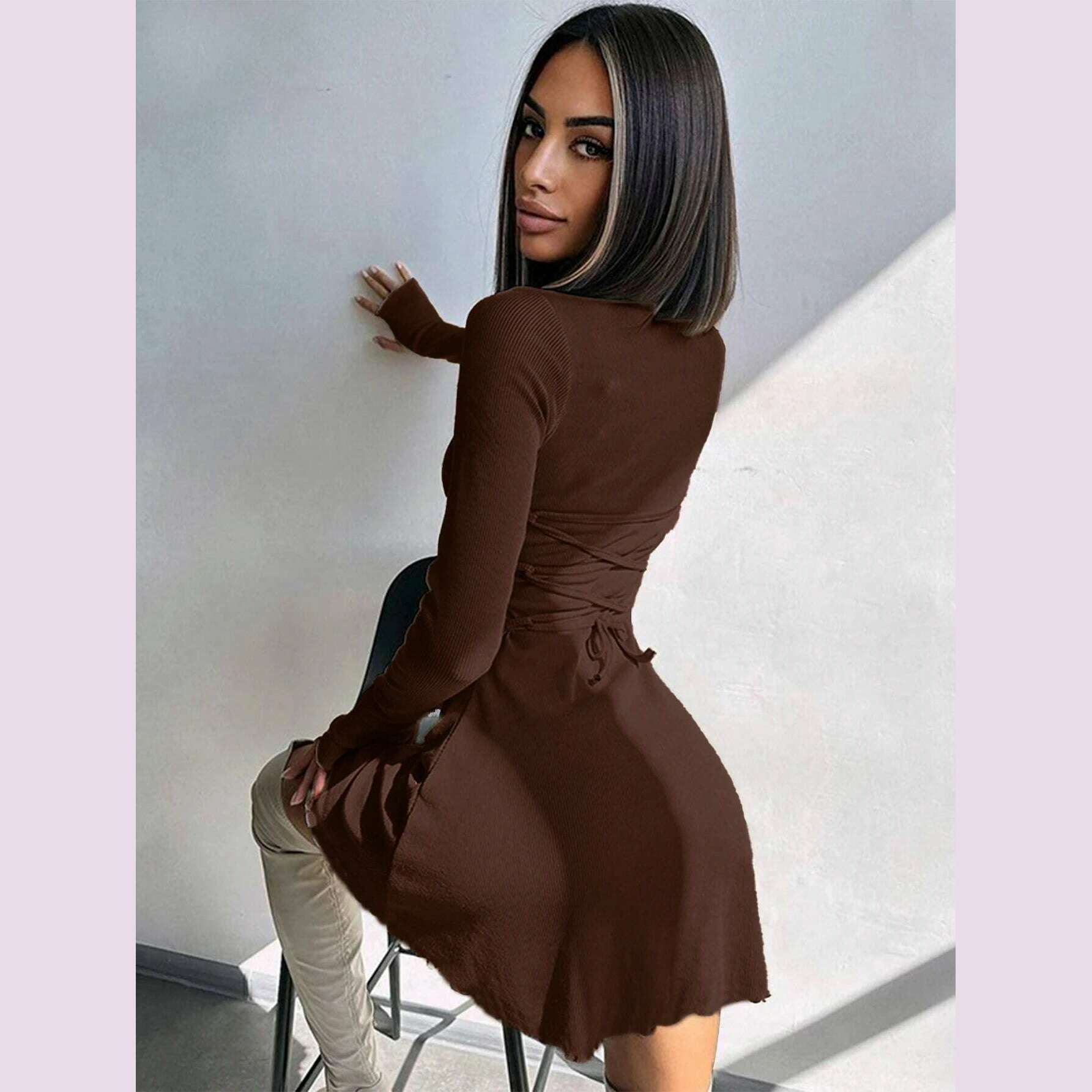 Women's Sexy Club Long Sleeve Mini Bodycon Dress Suitable For Nightclub, Family Party, Vacation, Leisure - KIMLUD