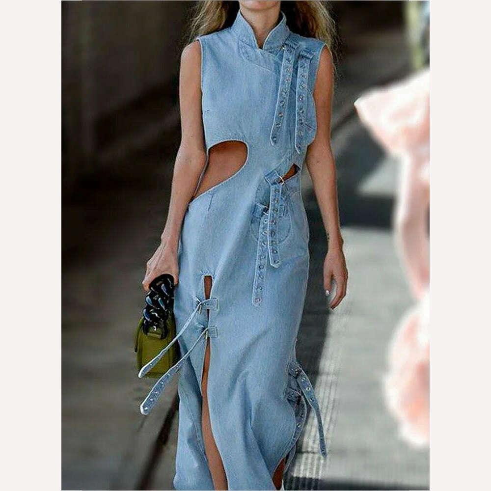 KIMLUD, Women's Sexy Denim Dress Standing Collar Casual Sleeveless Hollowed Out Split Rivet Tie Up Women's Maxi Dress, KIMLUD Womens Clothes