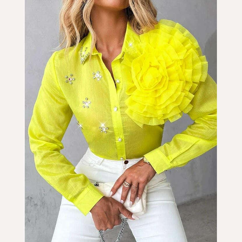 KIMLUD, Women's Shirt 2023 Autumn/winter New Fashion Versatile Polo Rose Detail Rhinestone Turn Down Collar Top Temperament Commuting, KIMLUD Womens Clothes