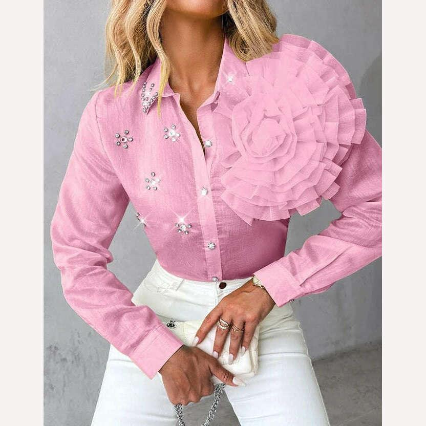 KIMLUD, Women's Shirt 2023 Autumn/winter New Fashion Versatile Polo Rose Detail Rhinestone Turn Down Collar Top Temperament Commuting, KIMLUD Womens Clothes