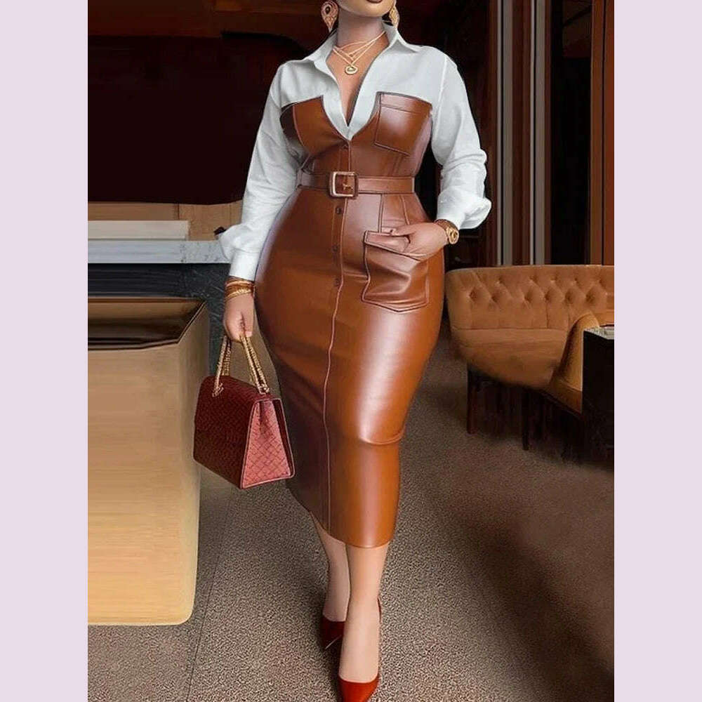 KIMLUD, Womens Shirt Collar Dresses New Autumn Buttons Long Sleeve PU Leather Patchwork Pocket Skinny Belted Lapel Female Midi Dress, KIMLUD Womens Clothes