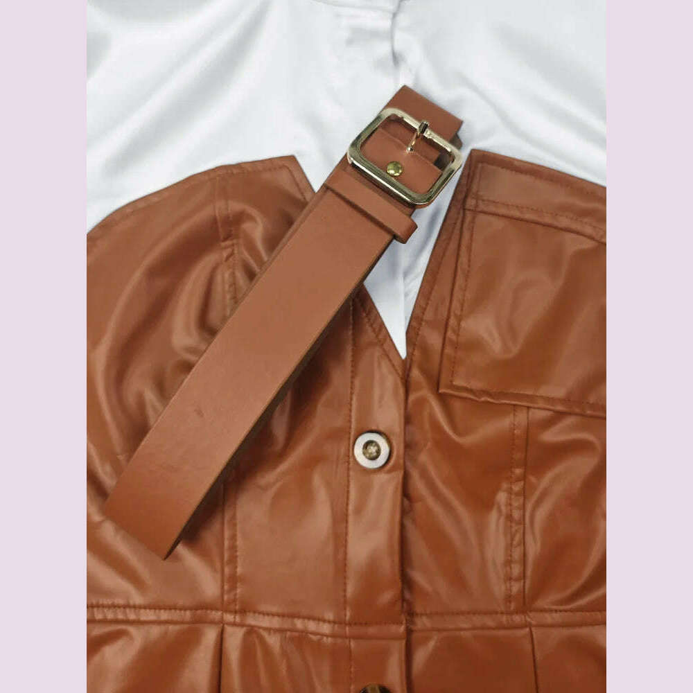 KIMLUD, Womens Shirt Collar Dresses New Autumn Buttons Long Sleeve PU Leather Patchwork Pocket Skinny Belted Lapel Female Midi Dress, KIMLUD Womens Clothes