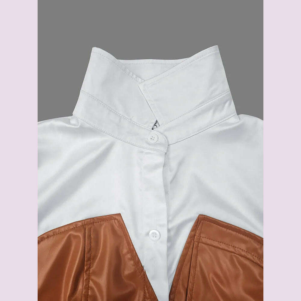 KIMLUD, Womens Shirt Collar Dresses New Autumn Buttons Long Sleeve PU Leather Patchwork Pocket Skinny Belted Lapel Female Midi Dress, KIMLUD Womens Clothes